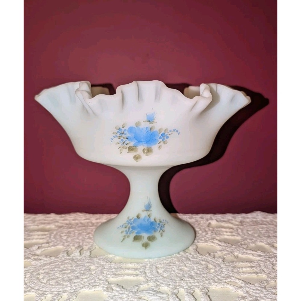 Vintage Fenton Blue Roses On Blue Custard Satin Ruffled Comport 6"X8" Hand Paint